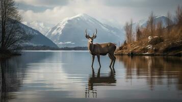 ciervo silueta y cuerno reflexión a orilla del lago con Nevado picos generativo ai foto