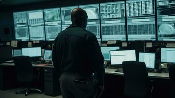 Male security guard working in surveillance room, back view. Generative AI photo