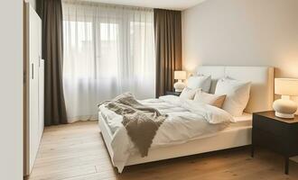 Interior of light modern bedroom with soft white bed with pillows and blanket with lamp near window with curtains, Generative AI photo