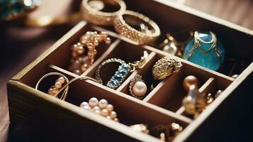 Jewelry box with stylish golden bijouterie, AI Generative photo
