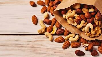 Mixed nuts in wooden bowl and scattered on table. Trail mix of pecan, almond, macadamia on wood textured surface. Generative AI photo