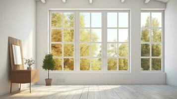 White empty room with summer landscape in window. Generative AI photo