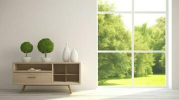 Embrace the Beauty of a White Room with a Shelf and a Breathtaking Green Landscape Peeking Through the Window. Generative AI photo