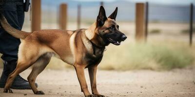 Belgian Shepherd Malinois guarding the border with a border guard. Generative AI photo