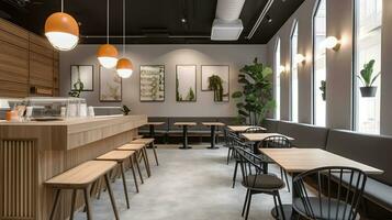 A modern and minimalist food court with a focus on health and wellness. The decor is sleek and minimalist, with a soothing color palette of whites, grays, and earthy greens. Generative AI photo