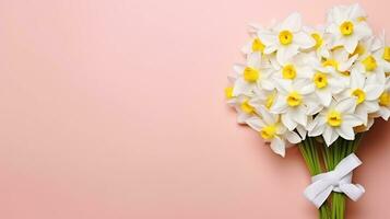 Lush bouquet of white-yellow daffodils isolated on pink background. Tender minimalistic spring flowers composition. Generative AI photo