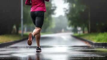 un persona que practica jogging carreras en el lluvia, solamente piernas y zapatos, generativo ai foto