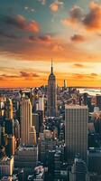 Vibrant panoramic cityscape of New York at sunset with iconic skyscrapers and generous copy space AI Generative photo