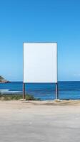 Striking image of a blank billboard frame on a desolate beach, endless advertising possibilities photo