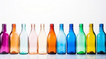 Spectrum of creativity - Vibrant glass bottles on a white backdrop with ample space for text AI Generative photo