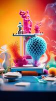 Artistic image of 3D printing process against a colorful backdrop AI Generative photo