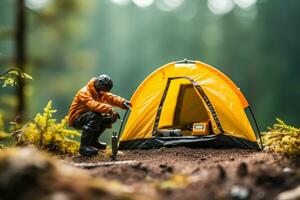 Comedy in Wilderness - Hiker's Amusing Attempt at Toy Tent Pitching AI Generative photo