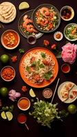 Overhead snapshot of international cuisine sushi pasta and tacos on a colorful tablecloth photo