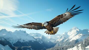 majestuoso águila altísimo encima un prístino, nevadas montaña rango debajo un azul cielo ai generativo foto