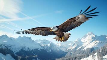 Majestic eagle soaring above a pristine, snow-capped mountain range under a blue sky photo