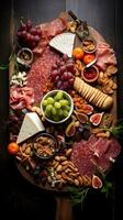 Bird's-eye view of gourmet charcuterie board with meats cheeses fruits and nuts AI Generative photo