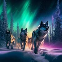 Surreal image of a pack of wolves in a winter wonderland under the dancing northern lights photo