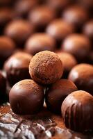 lujoso Leche chocolate trufas en brillante pulido superficie con bokeh efecto ai generativo foto