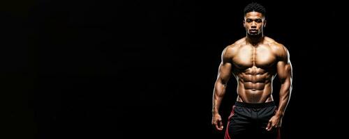 Male fitness trainer model isolated on black background with a copyspace photo