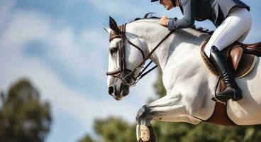 caballo y jinete altísimo mediante el alturas de ecuestre saltando generativo ai foto