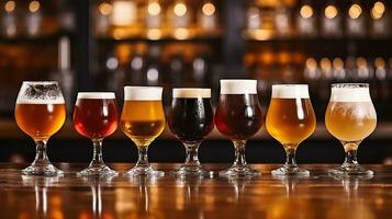 Different types of craft beer in glasses on table in pub interior in daylight. Generative AI photo