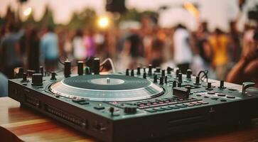 From above. Modern dj mixer placed on table on stage near crowd of people during music festival, Generative AI photo