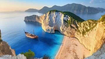 abrazando el sereno navagio playa en zakynthos. generativo ai foto