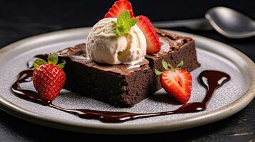 Brownie cake with a scoop of vanilla ice cream and strawberries. Generative AI photo