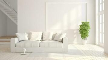 Scandinavian interior design. Idea of white minimalist room with sofa. Generative AI photo