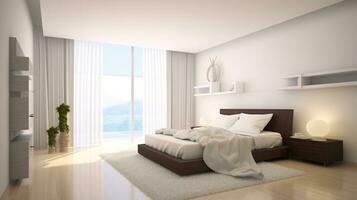 Elegance in Simplicity, A White Modern Bedroom Retreat. Generative AI photo