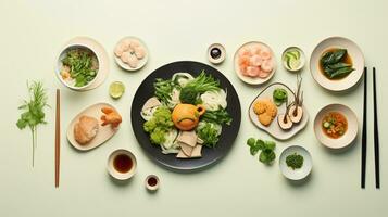 Top view of a simple Asian meal ramen dumplings and sushi illustrating diverse flavors AI Generative photo