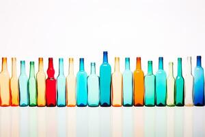 Spectrum of creativity - Vibrant glass bottles on a white backdrop with ample space for text AI Generative photo