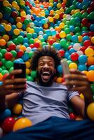 Joy Unleashed - Man Juggles Work Calls in Childlike Ball Pit Play AI Generative photo