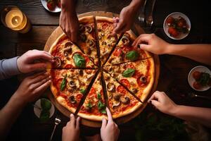 Overhead shot of shared pizza depicting culinary delight and community photo