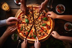 Overhead shot of shared pizza depicting culinary delight and community AI Generative photo