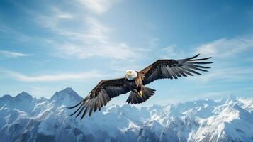 Majestic eagle soaring above a pristine, snow-capped mountain range under a blue sky photo
