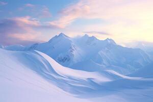 Untouched snowy mountain landscape under the soft glow of a setting sun AI Generative photo