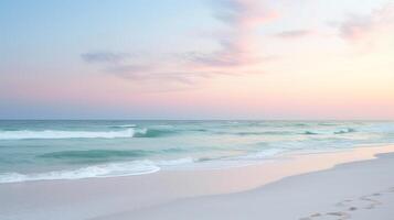 Tranquil beach scene at twilight with soft sunset colors blending into sky for ample copy space photo