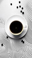 Aerial View of Steaming Coffee Cup on Geometrically Patterned Surface with Ample Copy Space photo