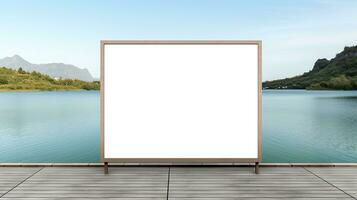 Blank billboard dramatically positioned at the end of a pier overlooking a tranquil lake AI Generative photo