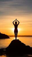 Young woman practicing yoga on a beach at sunrise with a clear sky for ample copy space AI Generative photo