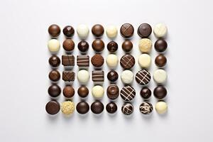 Assortment of Diverse Chocolate Bonbons Against Luminescent Neutral Background AI Generative photo