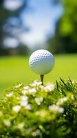 esencia de golf en un soñador día con un pelota en el primer plano en contra un iluminado por el sol horizonte ai generativo foto