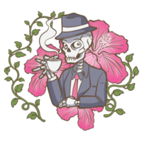 skeleton mafia drinking coffee  with hibiscus flower png