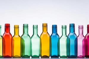 Spectrum of creativity - Vibrant glass bottles on a white backdrop with ample space for text AI Generative photo