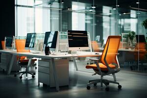 Sleek Furniture in a Vibrant Modern Office with Neutral Palette and Tech Gadgets AI Generative photo