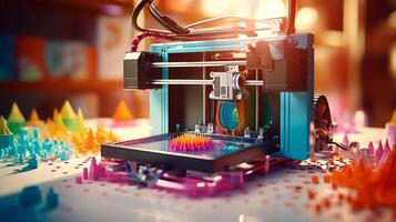 Artistic image of 3D printing process against a colorful backdrop photo