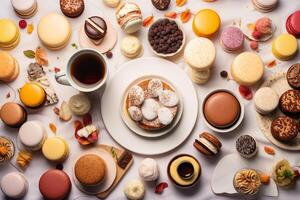 Global dessert medley a captivating flat-lay of tiramisu macarons and baklava AI Generative photo