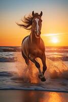 Dynamic image of a horse galloping across a sandy beach against a stunning sunset AI Generative photo