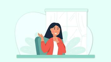 girl Sitting on chair with table in front and window, green plants and eco friendly background talking and communicating, smiling and waving hands, Animation for explainer videos 4k resolution